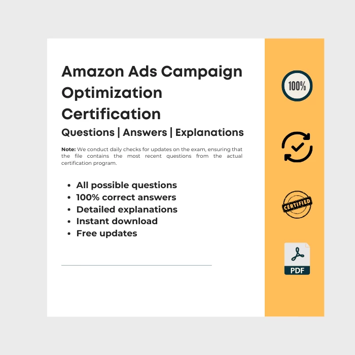 Image showing ebook cover titled Amazon Ads Campaign Optimization Certification Assessment Answers