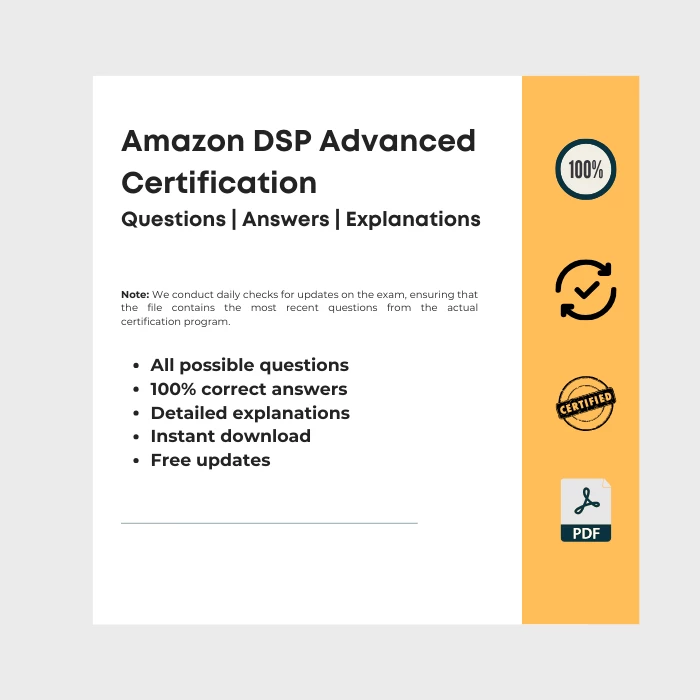 Image showing ebook cover titled Amazon DSP Advanced Certification Assessment Answers