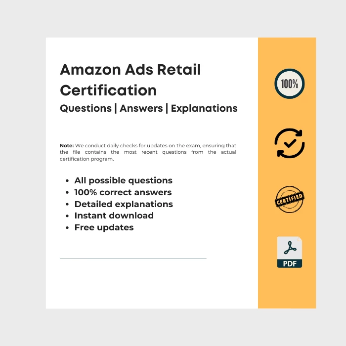 Image showing ebook cover titled Amazon Ads Retail Certification Assessment Answers