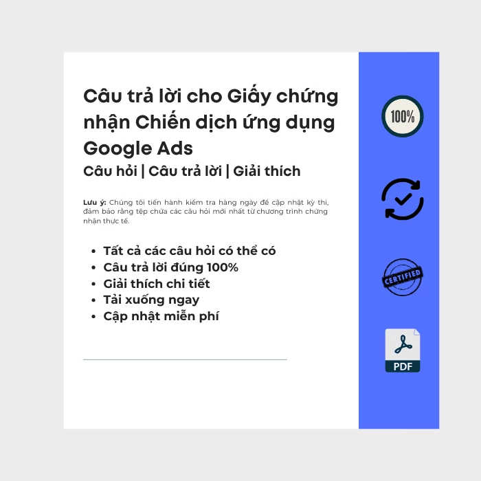 Hình ảnh hiển thị bìa sách điện tử có tiêu đề Giấy chứng nhận Chiến dịch ứng dụng Google Ads