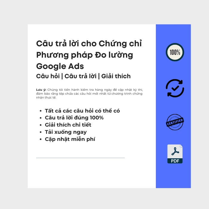 Hình ảnh hiển thị bìa sách điện tử có tiêu đề Chứng chỉ về phương pháp đo lường – Google Ads