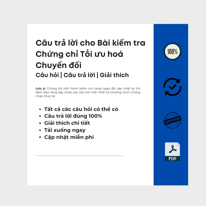 Hình ảnh hiển thị bìa sách điện tử có tiêu đề Bài kiểm tra cấp chứng chỉ Tối ưu hoá chuyển đổi