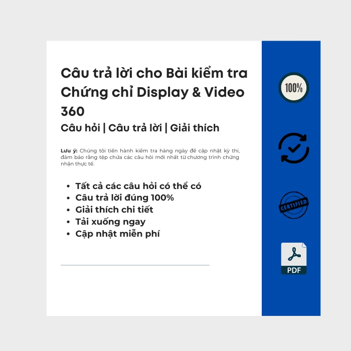 Hình ảnh hiển thị bìa sách điện tử có tiêu đề Bài kiểm tra cấp chứng chỉ Display & Video 360